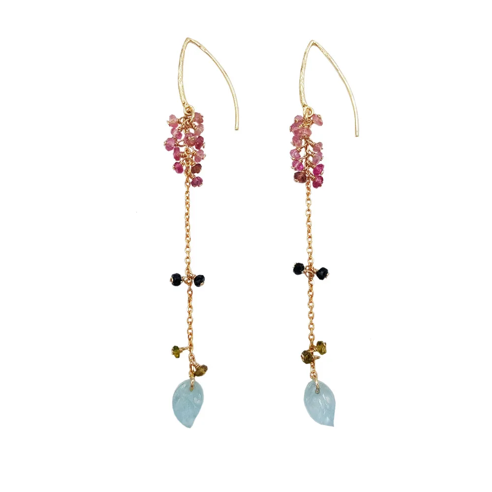 

Lii Ji Natural Rainbow Tourmaline Aquamarine Leaves 925 sterling silver Golor Color Chain Long Drop Earrings