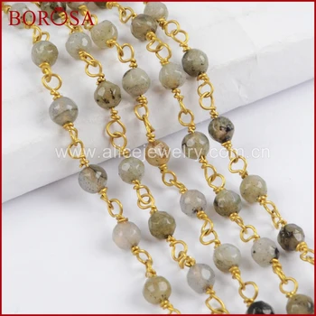 

BOROSA New Coming 5Meters Gold Color Silver Color 4mm Labradorite Stone Brass Chain Beaded Chains Jewelry Findings JT234