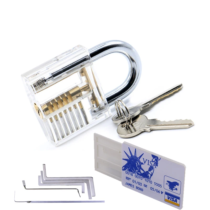 GHIXACTO Transparent Lock Pick Set Visible Cutaway Practice Padlock Locksmith Tools Set With James Card Tools 5pcs Tension Tools