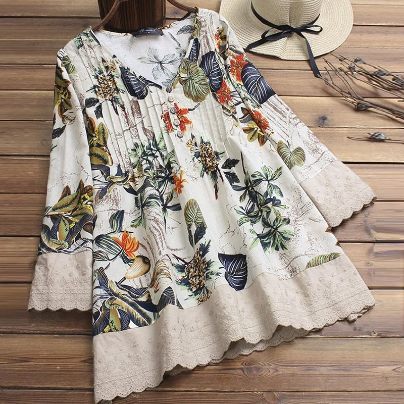 

2019 Women Blouse V-Neck Long Sleeve Top Ladies Flower Print Long Shirt Dress