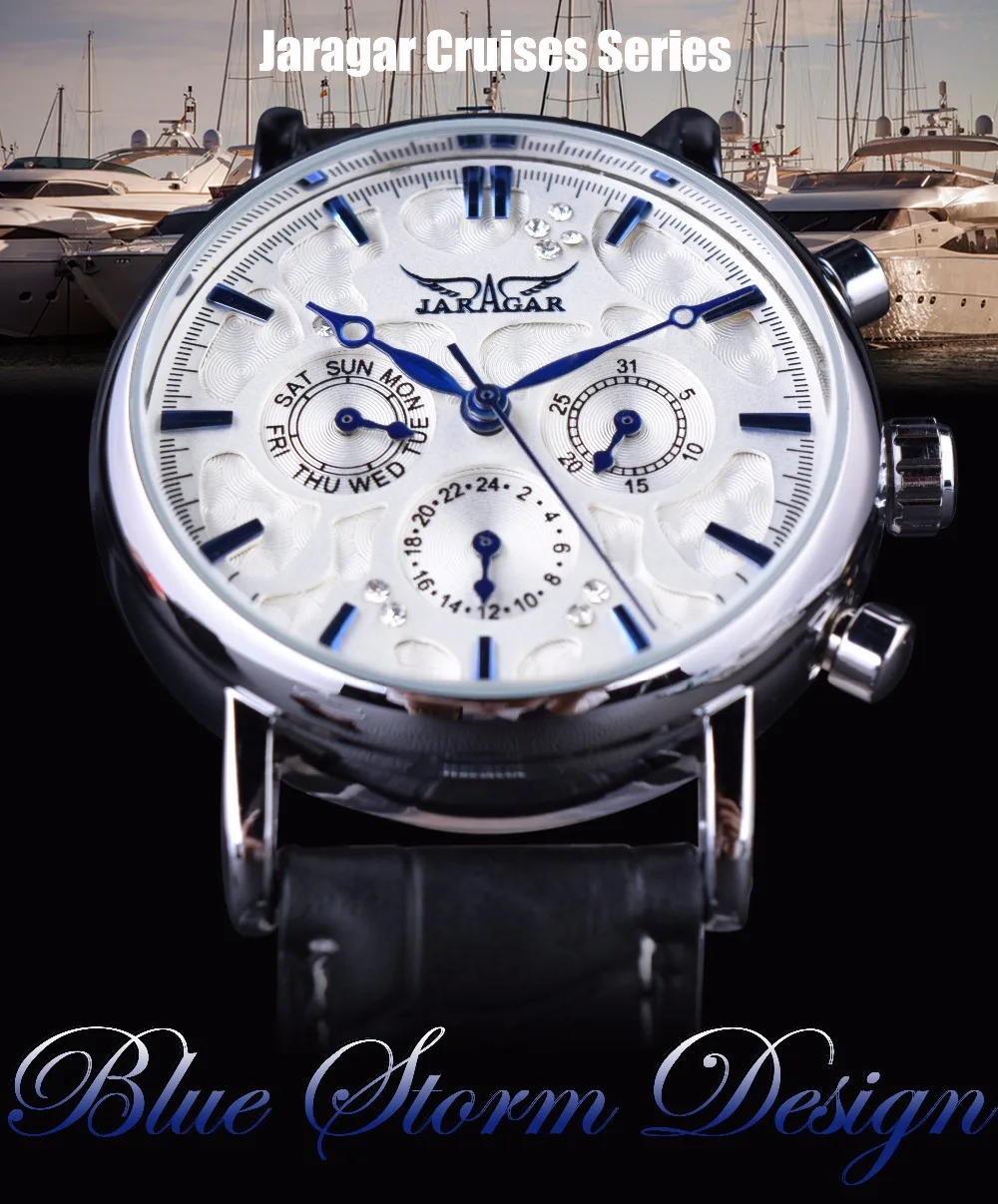 Jaragar Brand Men Automatic Self Wind Mechanical Watch White 3 Dials Calendar Blue Hands Simple Business Leather Band Wristwatch