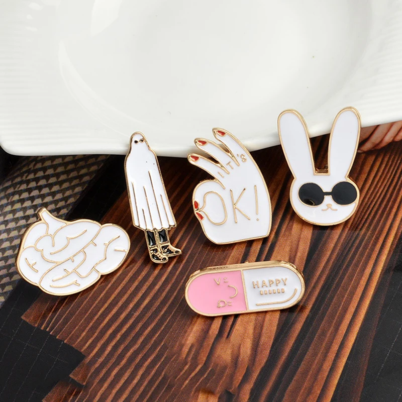 

Enamel Pins White Rabbit Mask Figure Sign Brain Cute Cartoon Brooches Pin Badge Women Jewelry Girl Child Gifts