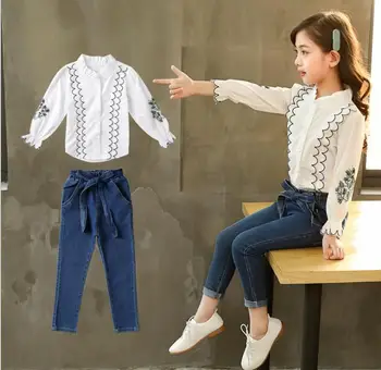 

Best selling children's clothing girls set spring & autumn 2019 new big children's long-sleeved lace shirt denim pants two-piece