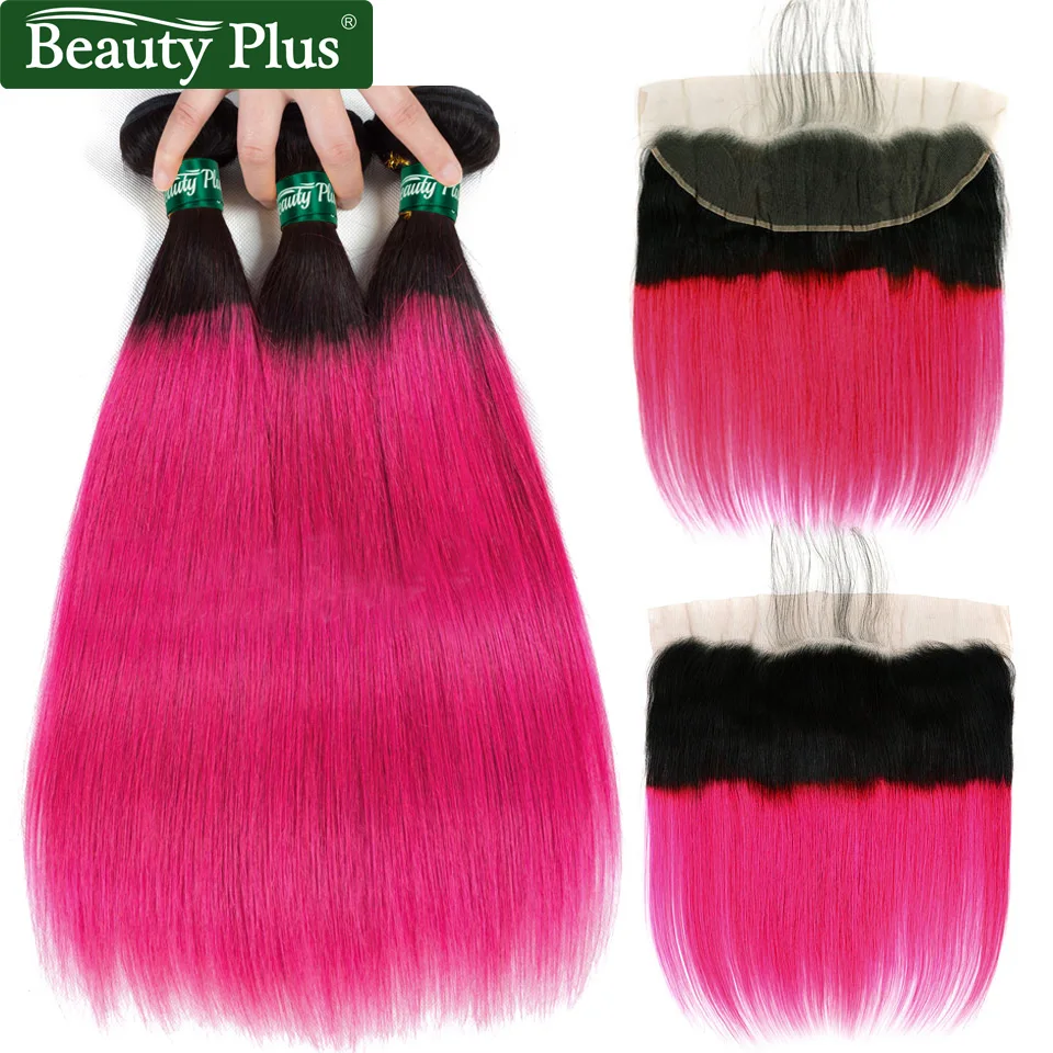 

Bundles With Frontal Brazilian Ombre Human Hair Weave Pre Plucked Ear To Ear Closures Beauty Plus Non Remy Pink Straight Hair