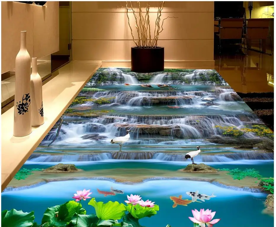 Custom Photo Floor 3D Wallpaper Modern Art Waterfall Carp 3D