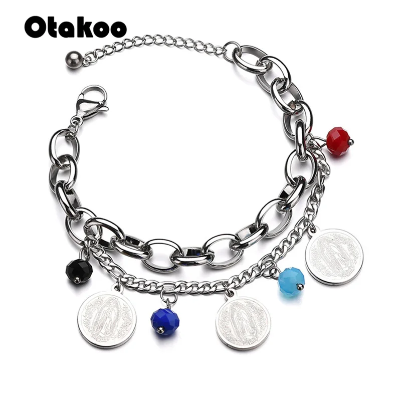 Otakoo двухслойный браслет цепочка из титана и стали Серебряный Большой Круглый
