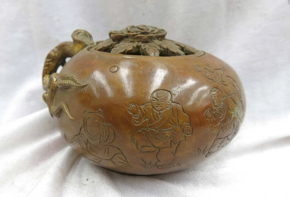 

China brass copper carved tree peony four boys incense burner Sculpture Statue