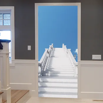

White Stairs Blue Sky 77X200cm Imitation 3d Door Stickers Living Room, Bedroom Door Renovation Self-adhesive Stickers