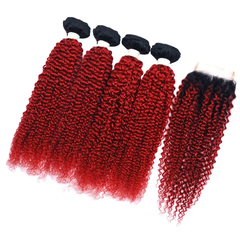 Pinshair 1B Натуральные Рыжие волосы пучки с закрытием бордовый Омбре бразильские афро кудрявые вьющиеся волосы 4 пучки с закрытием не Реми