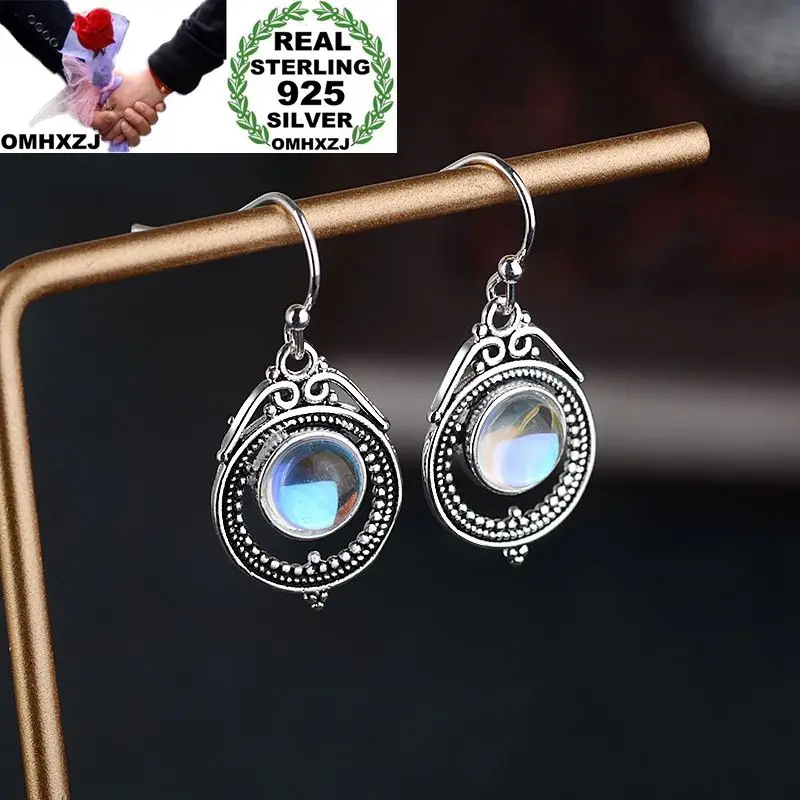 

OMHXZJ Wholesale European Fashion Woman Girl Party Wedding Gift Vintage White Moonstone S925 Sterling Silver Drop Earrings EA369