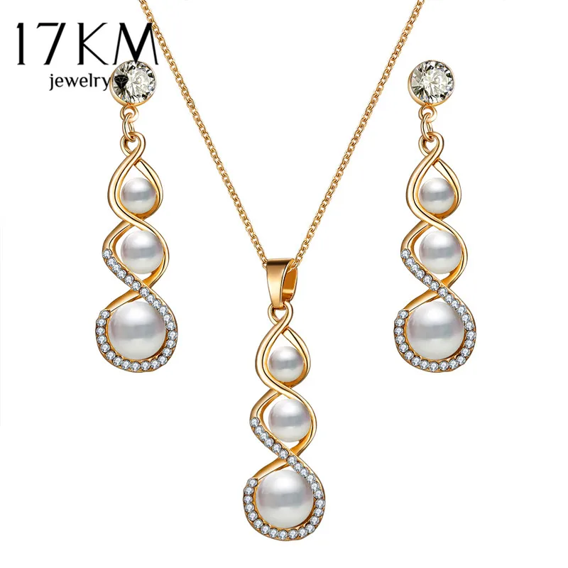 17 км Золотой цвет спираль Шарм комплект ювелирных изделий для Для женщин имитация жемчуга Свадебные Цепочки и ожерелья Кристаллические серьги Для женщин Наборы свадебных ювелирных изделий подарки