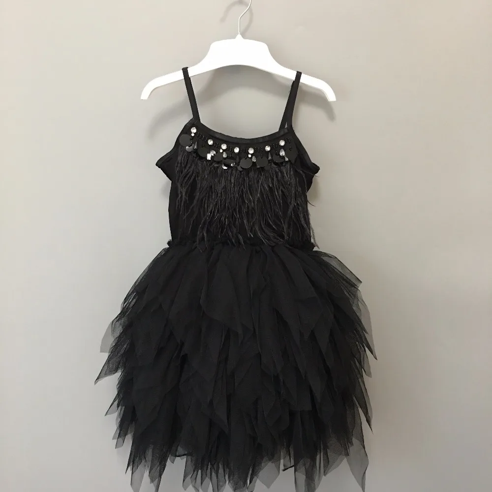 

Black Luxury Baby Girls Feather Black Tutu Dress Children Girls Beading Swan Prom Dress Summer Fashion Kids Costume