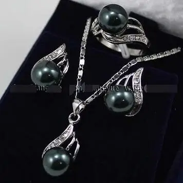 

Free Shipping>>new hot Black South sea Shell Pearl Earrings Ring & Necklace Pendant Set AAA+ Top Grade