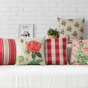 

Nordic Rural Coral Pink Rose Home Decor Pillow Plaid and Stripers Linen Cotton Cushion Decorative Throw Pillows Free Shipping