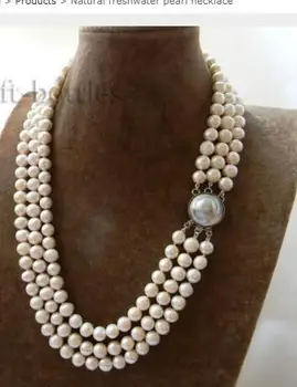 

Women Gift Freshwater Jewelry Natural Triple Strand White Round Freshwater Pearl Mabe clasp NecklaceGenuine Selling Huge