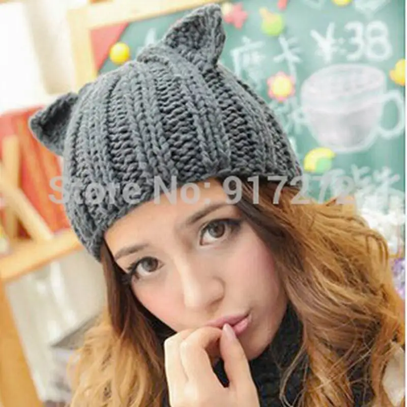 

2016 New Arrival Winter Warm Hat Women's Devil Horn Knitted Hats Cat Ears Knitting Caps Female Hat Accessories