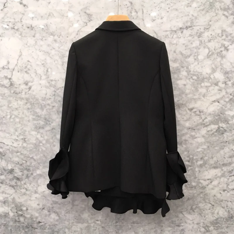 2019 Spring Dress New Korean Version Fashion Lotus Leaf Side Bundle Waist Suit Double Row Buckle High-grade Suit Overcoat Woman