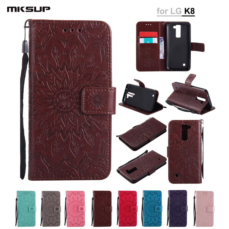 Coque для LG K8 Fundas Роскошная тисненная кожа бумажник флип чехол K350 K350E k350n телефон