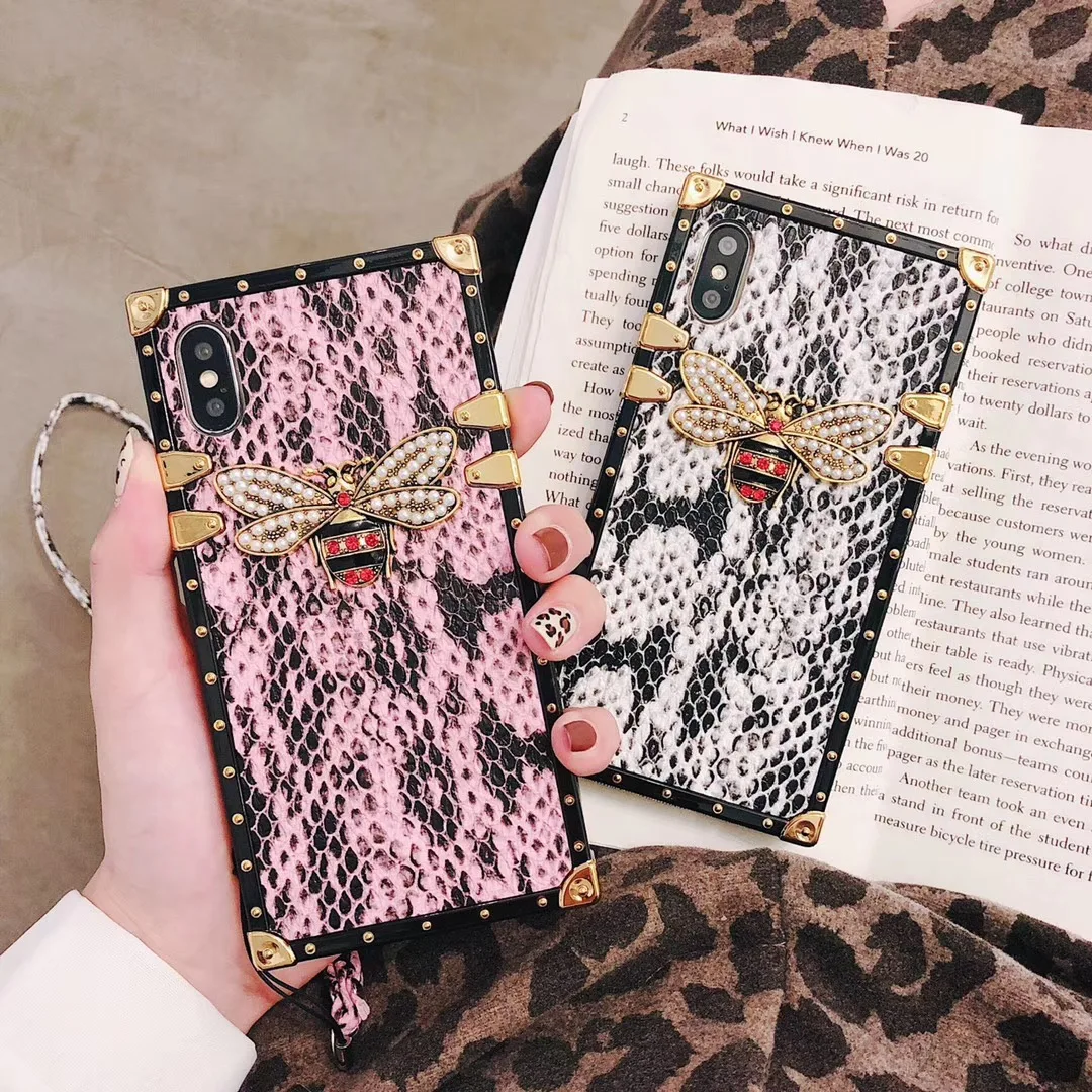 

Fashion brand Bling Glitter Bee case for iPhone X XR Max XS 6 S 7 8 plus Luxury Square Snake skin Soft Leather Phone Cover