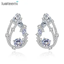 LUOTEEMI, дизайн, серьги-гвоздики для женщин, Свадебные или вечерние, CZ перо, два цвета, изысканные женские ювелирные изделия, подарок на Рождество