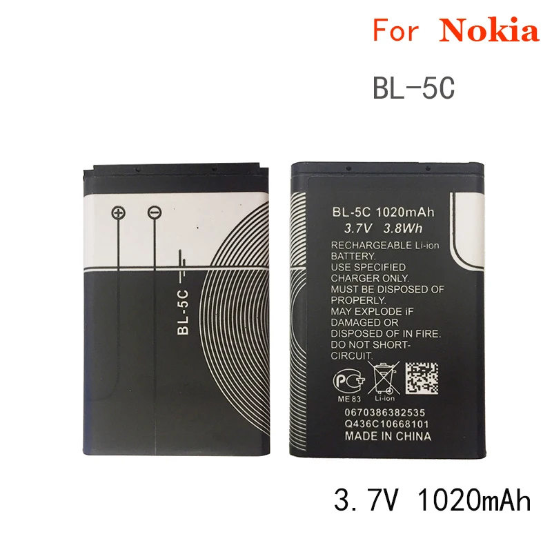 2 шт. 1020 мА/ч, BL-5C Батарея для Nokia 1112 1208 1600 1100 1101 2610 2600 2300 6230 6630 n70 n71 n72 n91 e60 BL-5C BL 5C Батарея