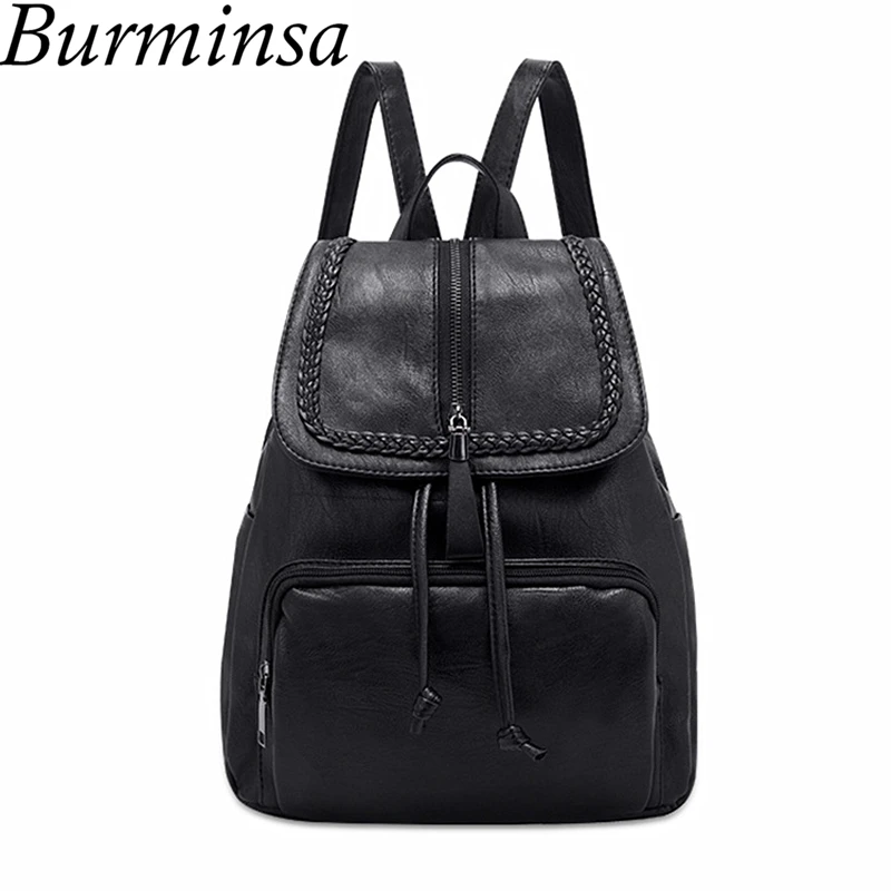 

Burminsa Kpop Drawstring Soft Women Backpack Large Capacity Woven Travel Bagpack PU Leather College School Bags Work Back Pack