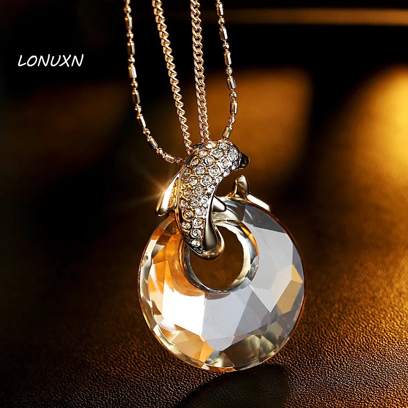 

4*2.8cm 2017 new Korean style fashion ladies pendant dolphin yellow Crystal long Necklace high-grade women jewelry lovers gift