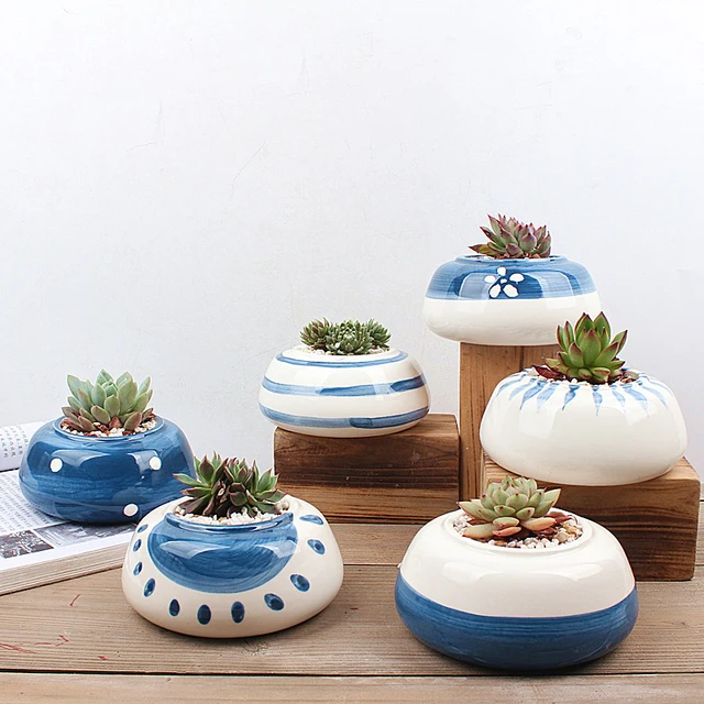 Buy Set of 6 pcs Blue Painting Ceramic Planter Succulent Plant Pot Handmade