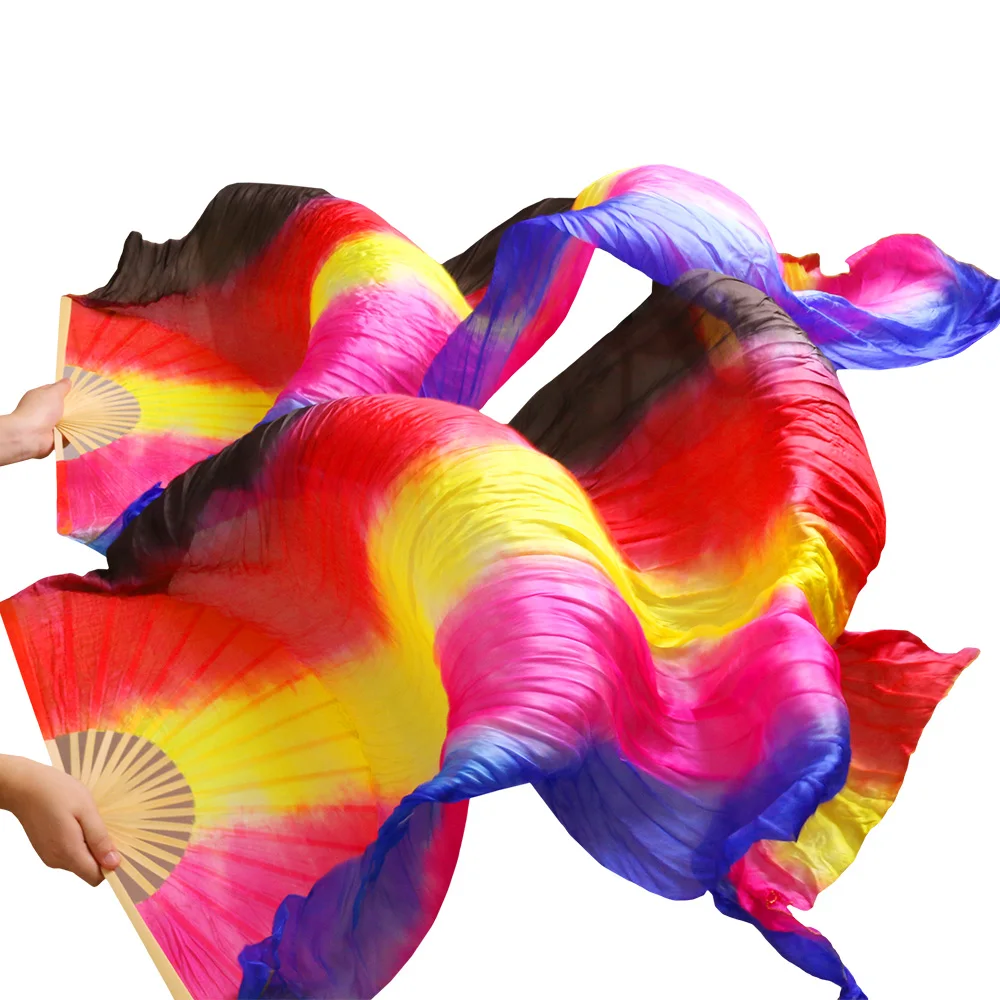 

2017 Hot 100% Silk Fans 1 Pair Handmade High Quality Silk Belly Dance Royal blue+Pink+Yellow+Red+Black Stripe 5 Colors 180X90 cm
