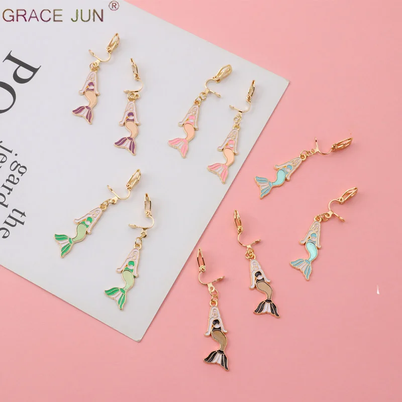 

GRACE JUN Hot Sale Enamel Mermaid Shape Clip on Earrings No Pierced for Women Fashion Luxury Jewelry No Ear Hole Earrings 2019