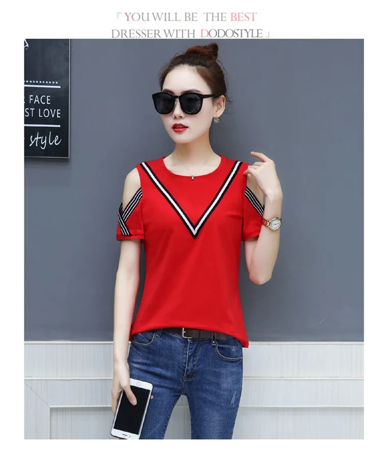 Casual T-shirts Women 2018 Fashion Patchwork Tops Tees Femme Short Sleeve Open Shoulder Tshirts Femininas Poleras Mujer (2)