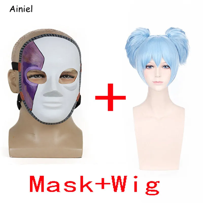 

Game Sally Face Mask Latex Full Face Mask Sally-face Cosplay Mask Props Halloween Mask Blue Short Wig for Women Adult Kids