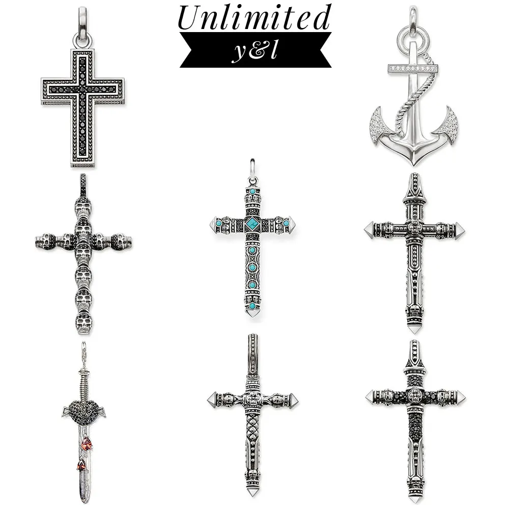 

Blue Stone Skull Cross Pendants Thomas Style 925 Sterling Silver Fashion Jewelry DIY Necklace Accessories for Women Men 2019 New