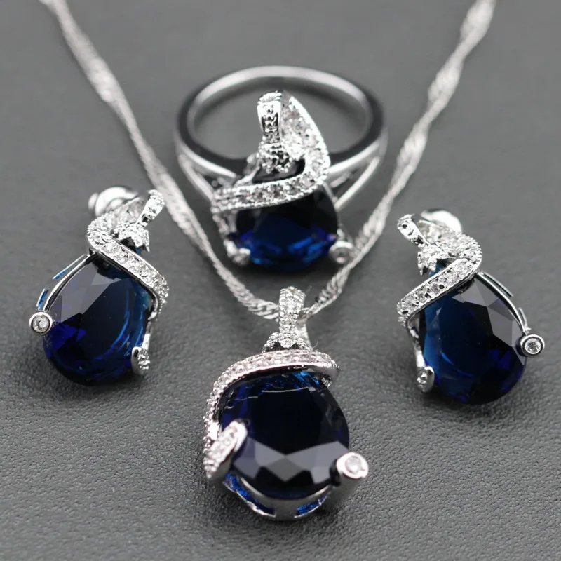Blue Created Sapphire White Crystal Sterling Silver