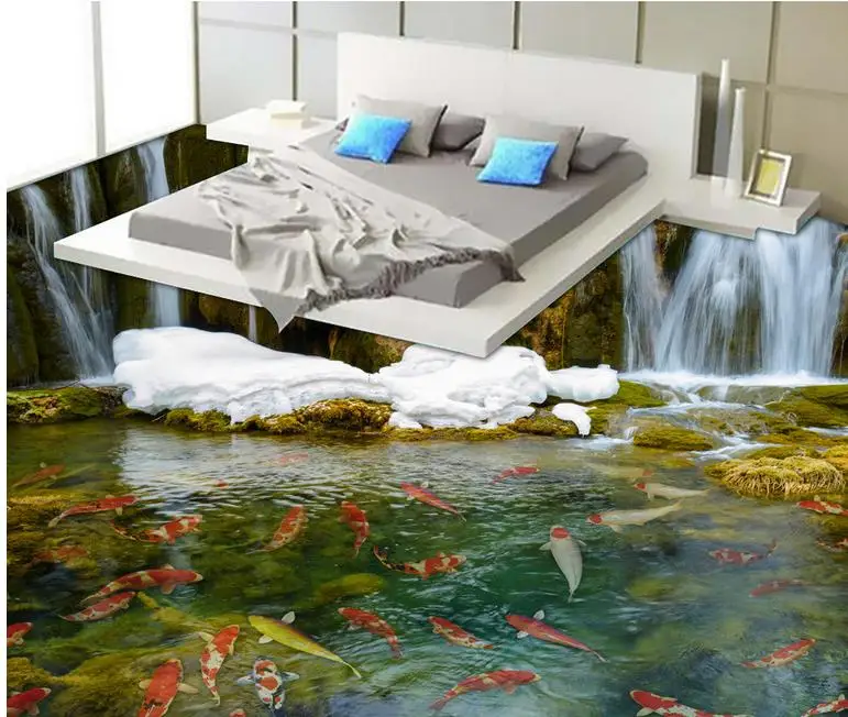 

Custom 3d flooring Waterfall carp wallpaper 3d floor murals waterproof wallpaper for bathroom pvc flooring roll