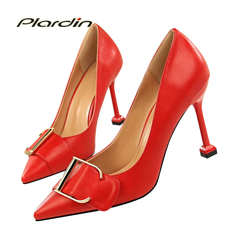 

Plardin New Woman Concise Fashion Women Shoes High Heel Pointed Toe Women Shoes Hoof Heels Shallow Buckle Strap Women Pumps