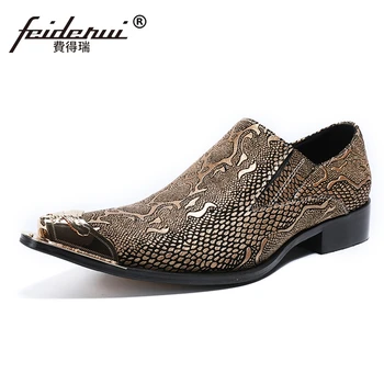 

Plus Size Luxury Genuine Leather Metal Tipped Man Casual Loafers Pointed Toe Slip on Python-Patterned Men's Banquet Shoes SL481