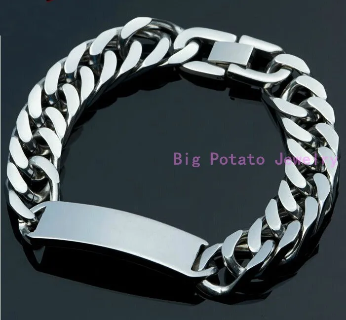 Silver Color Cuban Link Chain With ID 316L Stainless Steel Bracelet Bangle For Strong Mens Jewelry 22cm*15MM High Quality | Украшения и