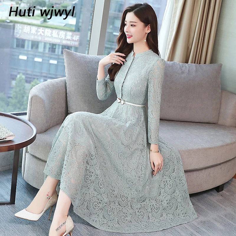 Cheap 2019 Autumn Winter Plus Size Vintage Lace Midi Dresses Women Elegant Bodycon Black Maxi Dress Party Long Sleeve Runway Vestidos