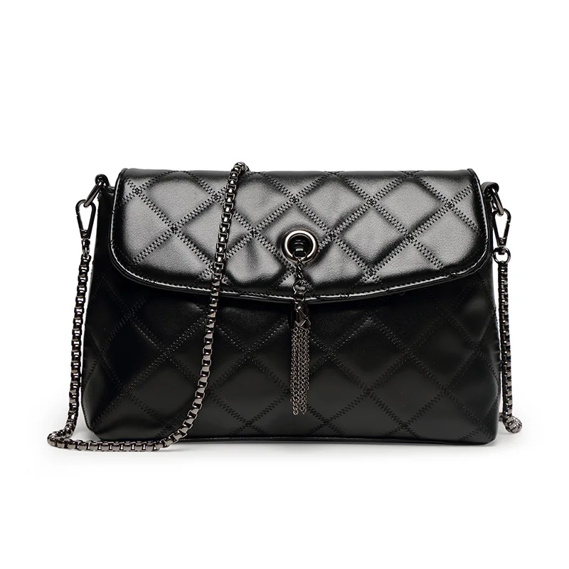 Black Women Shoulder Bags Female Party Tassel Crossbody Chain Bag Plaid Handbag Quilted Sac A Main Femme Women Leather Handbag