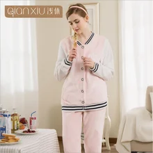 Зимние пары повседневные пижамные комплекты женские теплые коралловые бархатные пижамы костюм женский длинный рукав Бейсбольный воротник пальто+ брюки