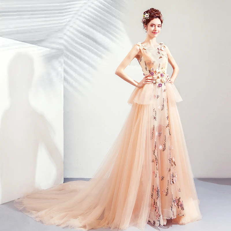 SSYFashion новый роскошный платье на выпускной цвета шампан рукавов Кружева Вышивка цветок суд Поезд Вечеринка длинное вечернее платье Vestidos