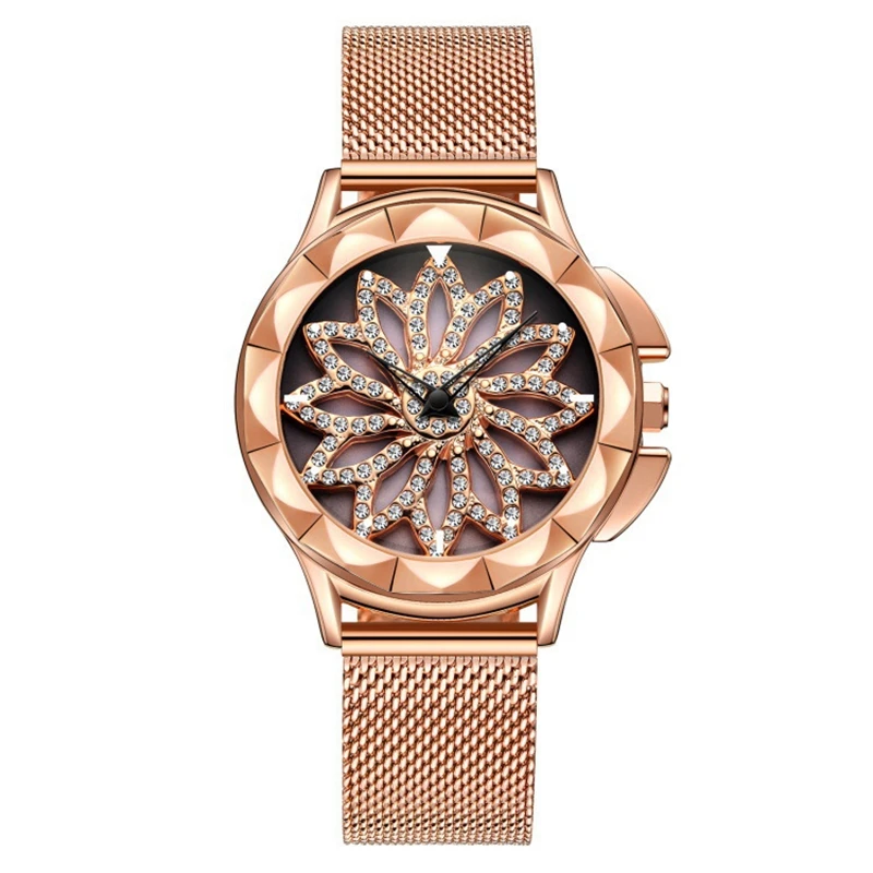 

Fashion leisure carved flower diamond quartz women's watches mesh steel belt waterproof ladies watch