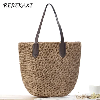 

REREKAXI Women's Handbag Handmade Straw Bag Bohemian Summer Beach Bags Female Shoulder Bag Weave High Capacity Tote Pouch