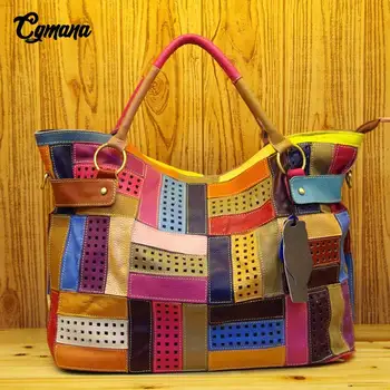 

100% Genuine Leather Women Handbag Colorful Leather Patchwork Shoulder Bags Hit Color Large Capacity Hollow Stitching Women Bags