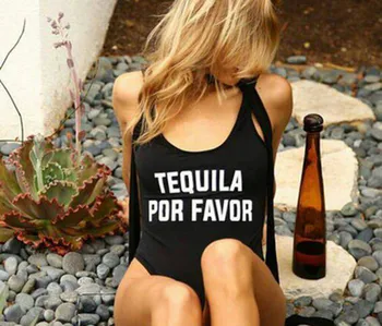 

TEQUILA POR FAVOR Letter Print Sexy Thong One Piece Swimsuit Women High Cut Monokini Swimwear Beach Backless Funny Bathing Suit