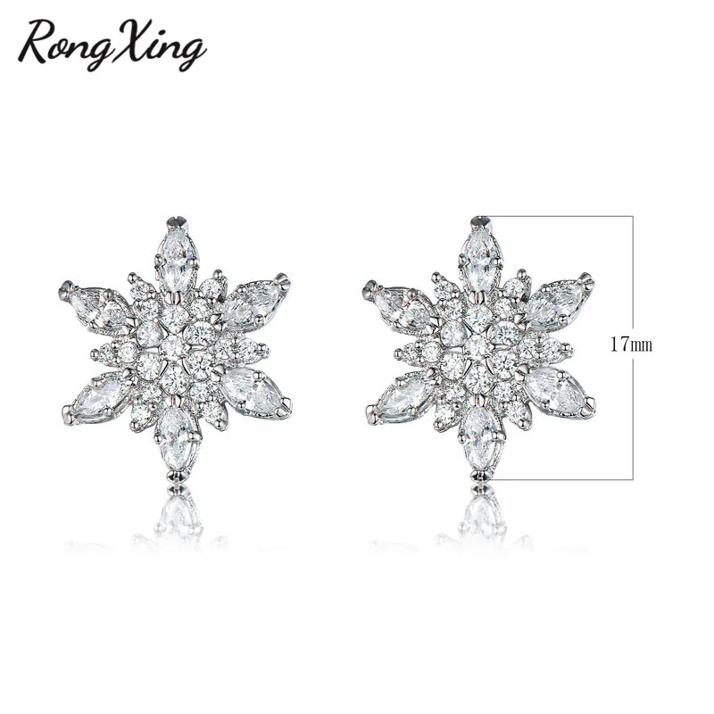 RongXing Белый Кристалл Циркон снежинка серьги гвоздики для женщин Серебряный цвет