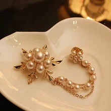 New Imitation Gold Color Long Chain Brooches Pins Pearl Snowflakes Brooch For Women Party Wedding Jewelry Accessories