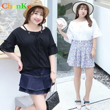 ChenKe Повседневное с круглым вырезом Для женщин летние однотонные Цвет Футболка короткий рукав мода футболка Fat большой Размеры женская футболка с бант