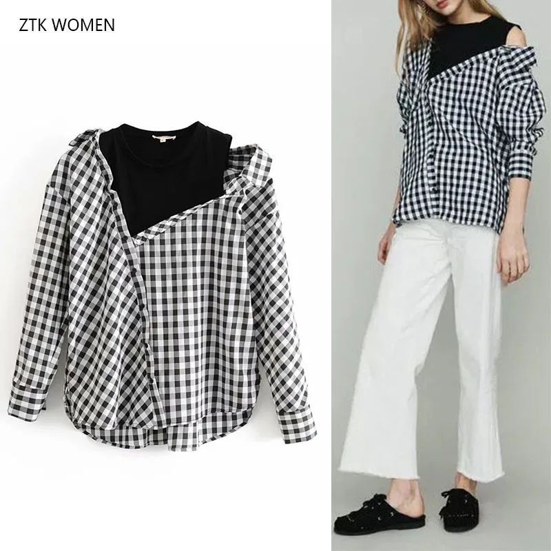 

ZTK WOMAN 2019 Women Fashion Autumn Blouse Chic O-neck Long Sleeve Plaid Patchwork Black Elegant Top